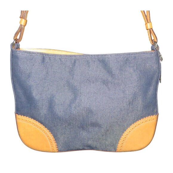 Coach Y2K Vintage Indigo Blue Denim & Tan Vachetta leather Demi Baguette Handbag - Picture 2 of 13